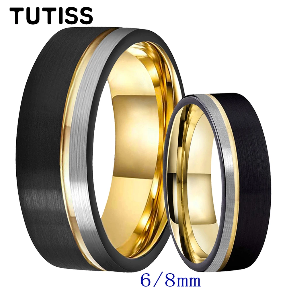 TUTISS Fashion 6MM 8MM Men Women Gold Color Tungsten Carbide Wedding Ring Brush Surface Offset Groove Comfort Fit