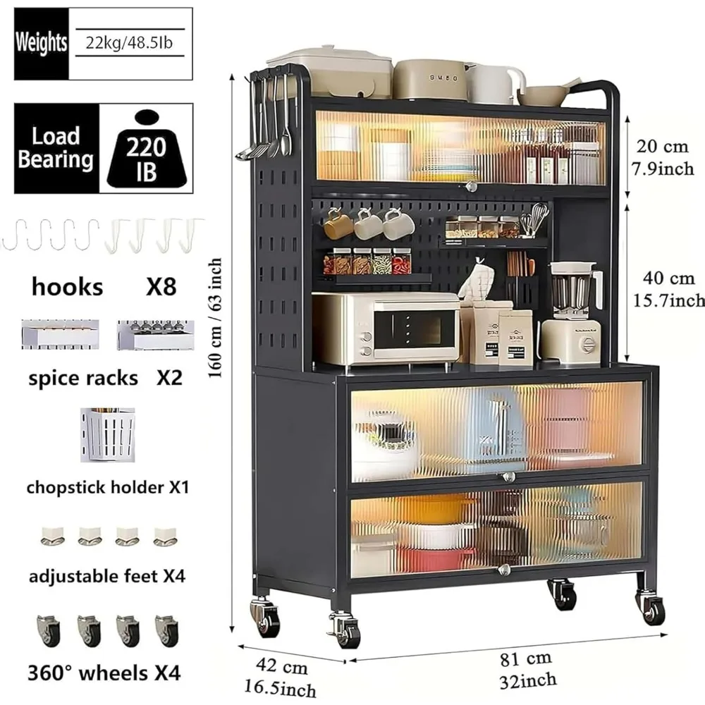63-дюймовый кухонный шкаф для хранения, стеллажи для пекарей для кухонь с акриловой дверью и регулируемыми полками, высокая подставка для хранения в микроволновой печи