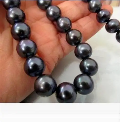 

18"10-11mm freshwater natural black round pearl necklace 925silver