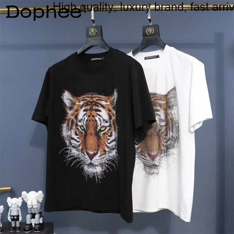 Cartoon Hot Drilling Tiger Print T-shirt Women and Men 2023 Summer New Loose Casual Short Sleeve Tshirt Extra OverSized Size 6XL