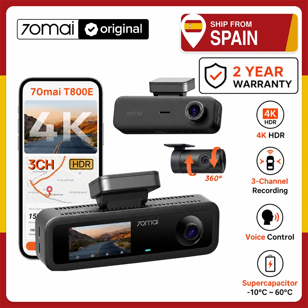 Cámara para Coche 70mai Dash Cam 4K T800E, 3 Canales, Delantera, Trasera e Inter