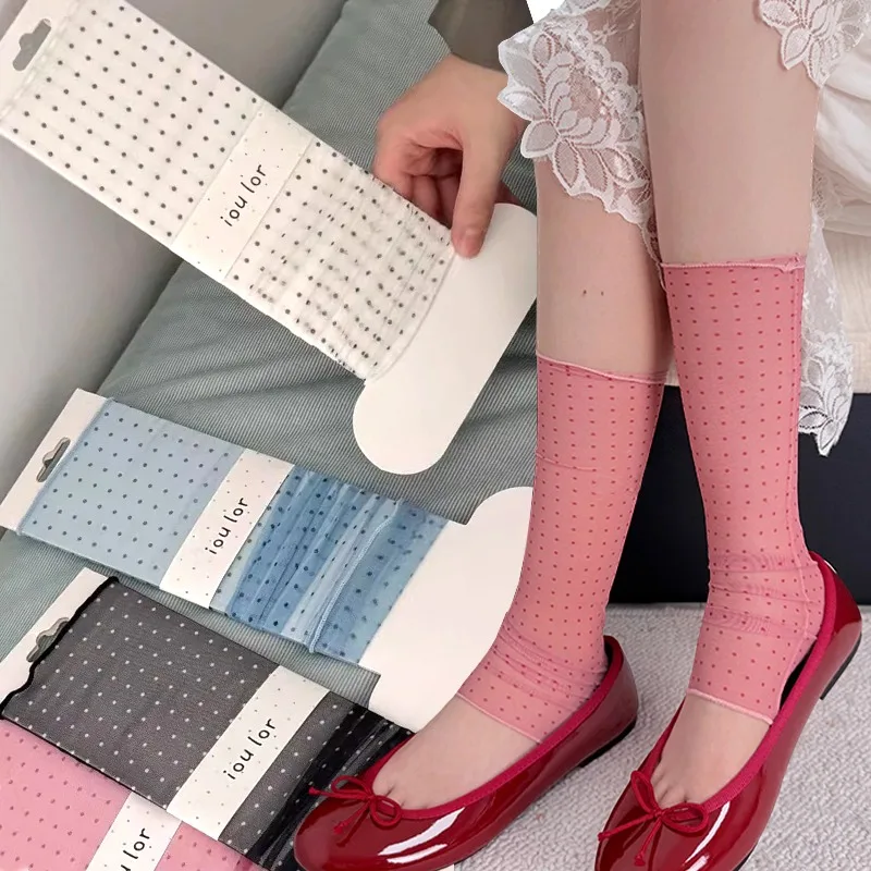 Polka Dot Lace Socks Women Thin Silk Sheer Stacked Socks Summer Chic Korean Style Elegant Femme JK Lolita Sockings Fashion