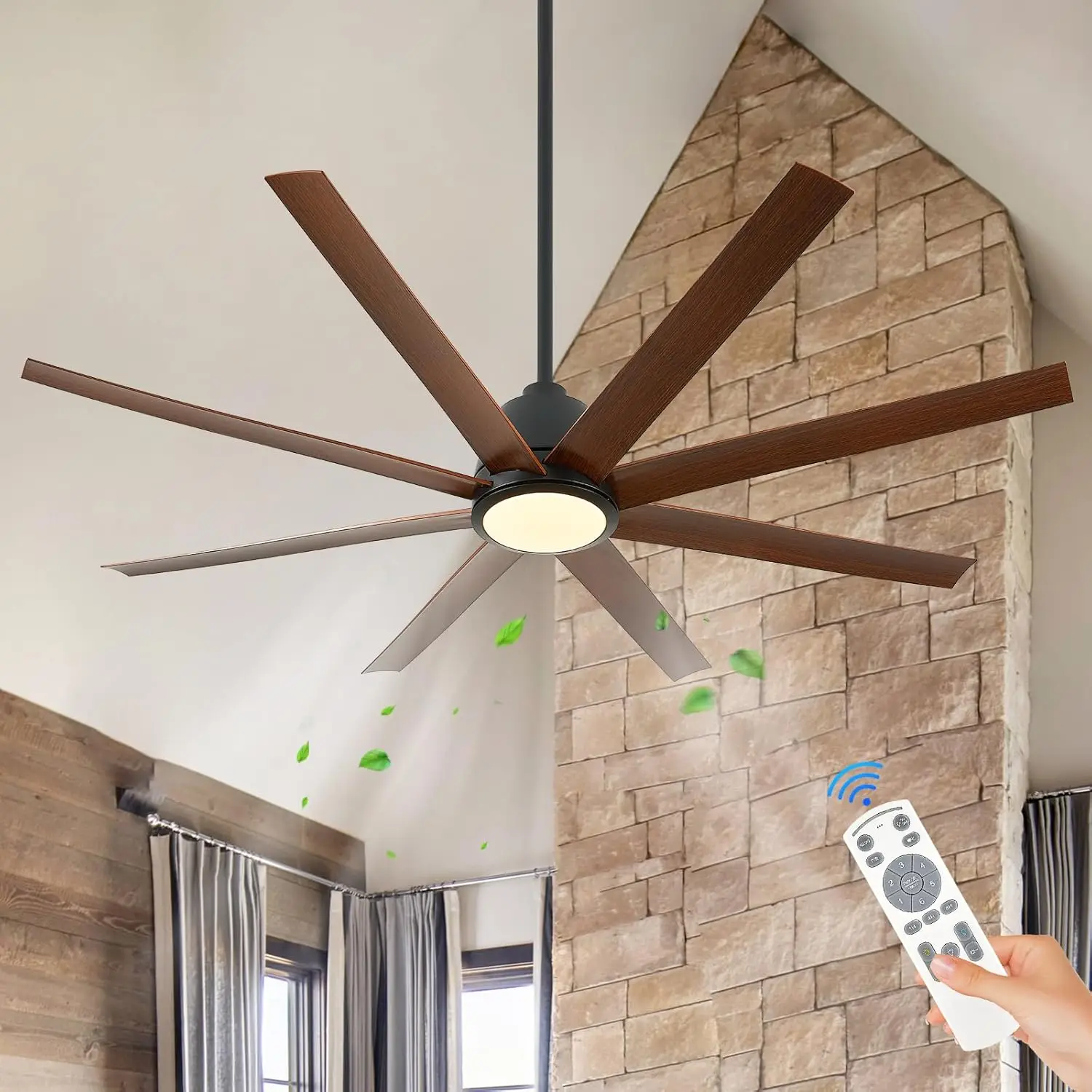 65In Black Large Ceiling Fan With Light 8 Blade Walnut Wood Outdoor Ceiling Fan Light For Patio Remote Control Ceiling Fan Led