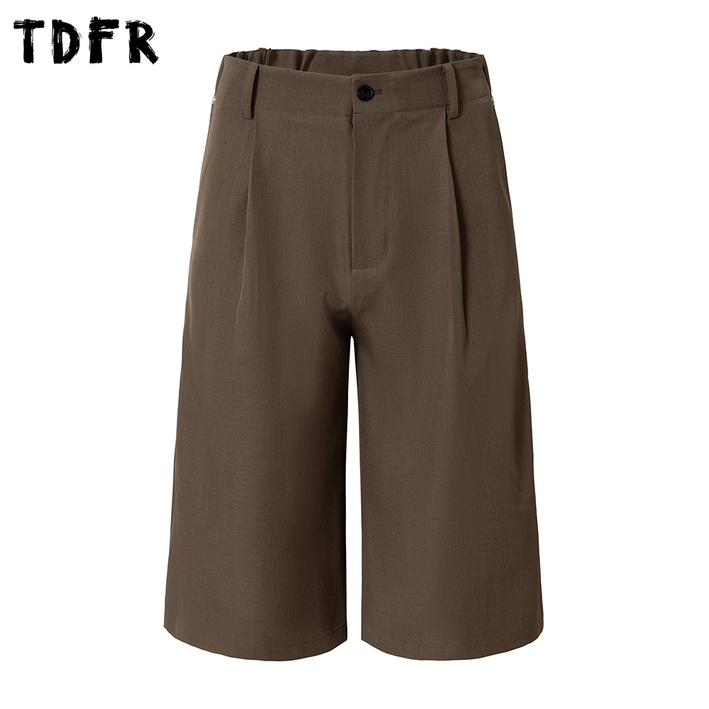 

Pleated Solid Color Suit Shorts Mens Pocket Summer Retro Casual Wide Leg Elastic Waist Baggy Short Pants Man