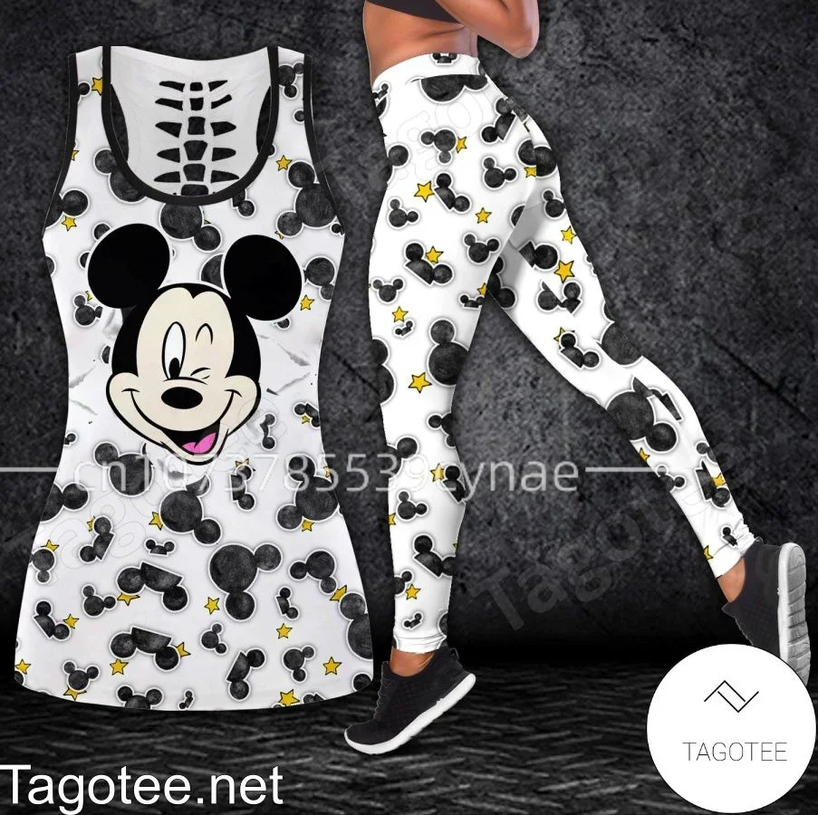 Disney-Chaleco hueco de Mickey y Minnie para mujer, traje de Yoga, Leggings de Fitness, traje deportivo, camiseta sin mangas, conjunto de mallas