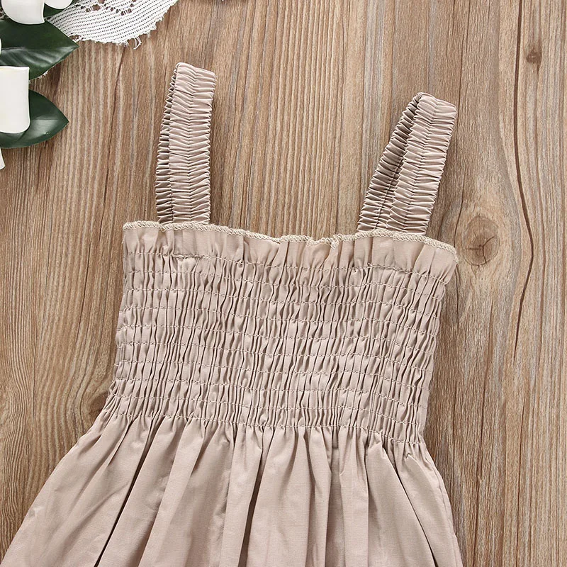 Baby\'s Clothes Summer Jumpsuit Outfit Solid Color Ruched Toddler Girl Casual Sleeveless Suspender Kids Rompers Headband Set