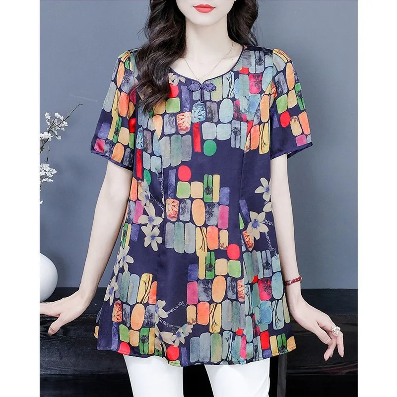 2023 New Summer Elegant Retro Art Round Neck Panel Buckle Ethnic Style Casual Loose Versatile Oversize Mid Length Shirt