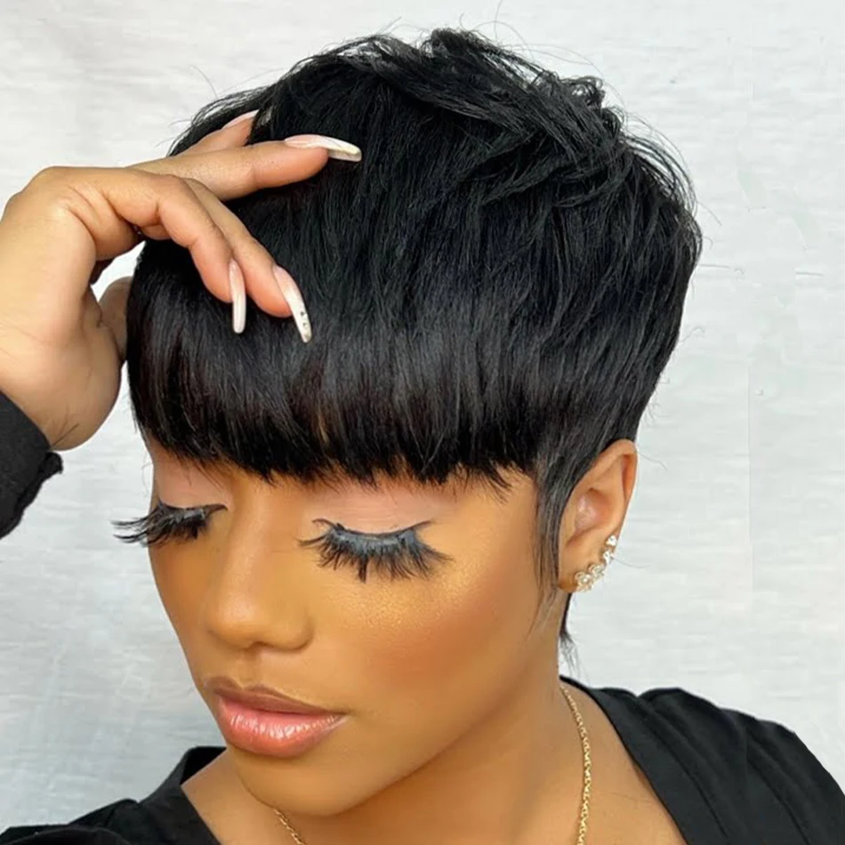 

Pixie Cut Wig For Women Human Hair Natural Black 180% Density Short Layered Wigs Human Hair Glueless Wig