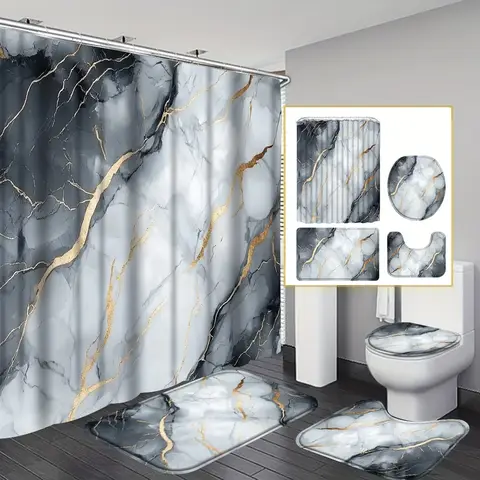 4 Piece Black Grey Luxury Marble Shower Curtain Set, Gold Glitter Texture Bathroom Set Abstract Modern Shower Curtain with Hooks
