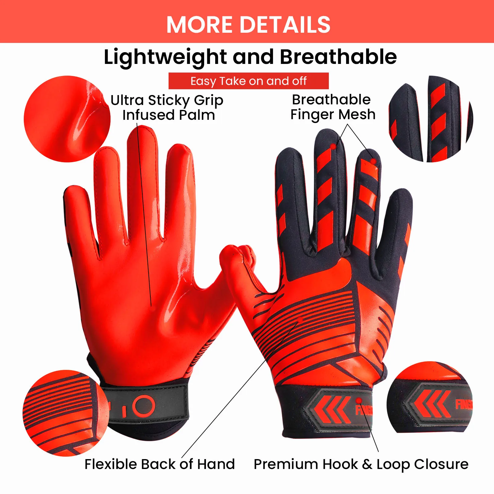 Football Receiver Gloves Youth Pair,Ultra Stick Palm Grip Gloves for Kids Age 5-14 Small Large XL Medium,Orange Red