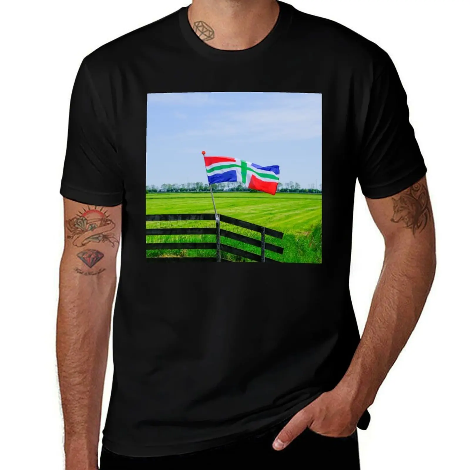 

Flag Groningen flying in rural landscape T-Shirt football t shirt designer shirts vintage mens big and tall t shirts