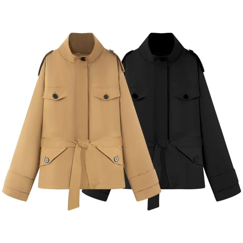 

Women Simple Jacket with Belt Autumn Fashion High Collar Button Jacket With Shoulder Tabs Pocket Causal Female Chic Jacket