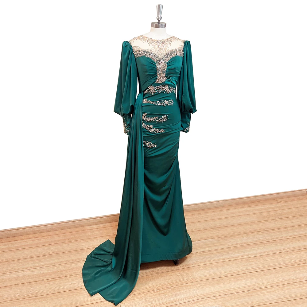 Elegant Emerald สีเขียว Muslin Evening Night ชุดผู้หญิง2022 O คอยาวแขน Mermaid อย่างเป็นทางการพรหม Gowns งานแต่งงาน