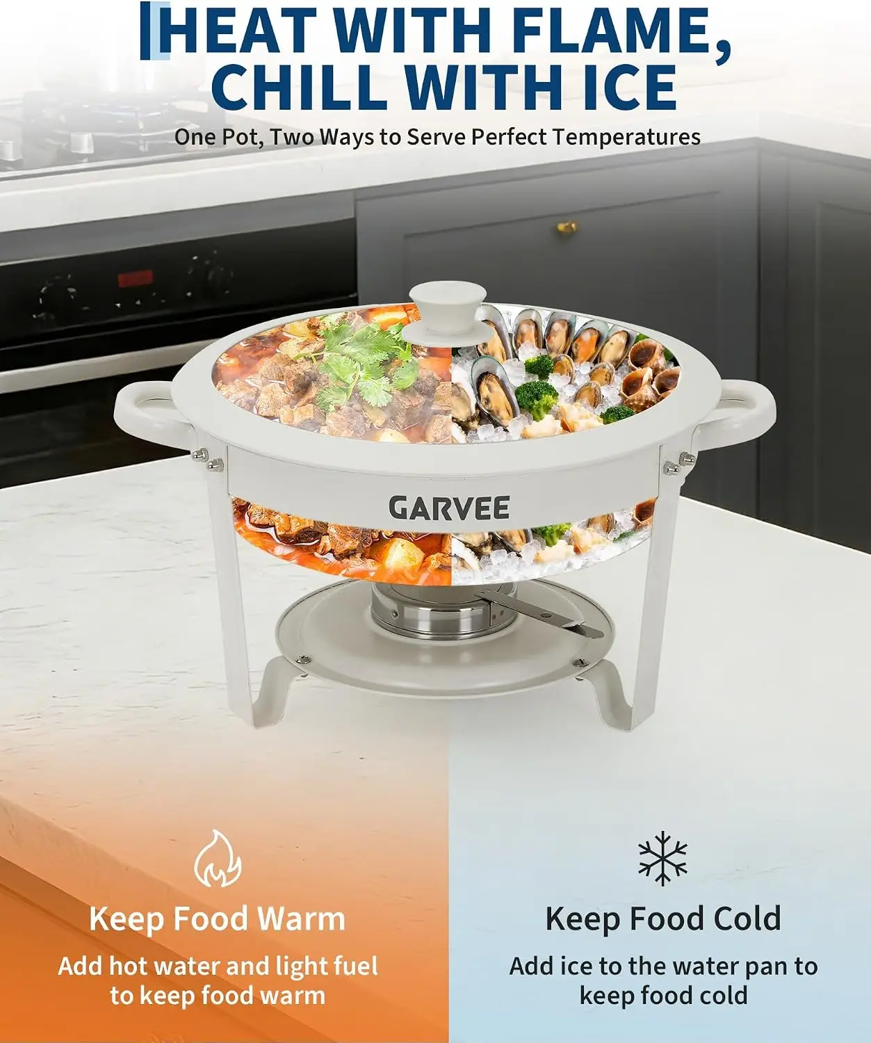 Tacleekii 2 4 6 Pack Round Chafing Dish Set for Buffet & Catering 5.3QT Maifanite Stone-Coated Nonstick Food Warmers, Stainless Steel Frame, Glass Lids