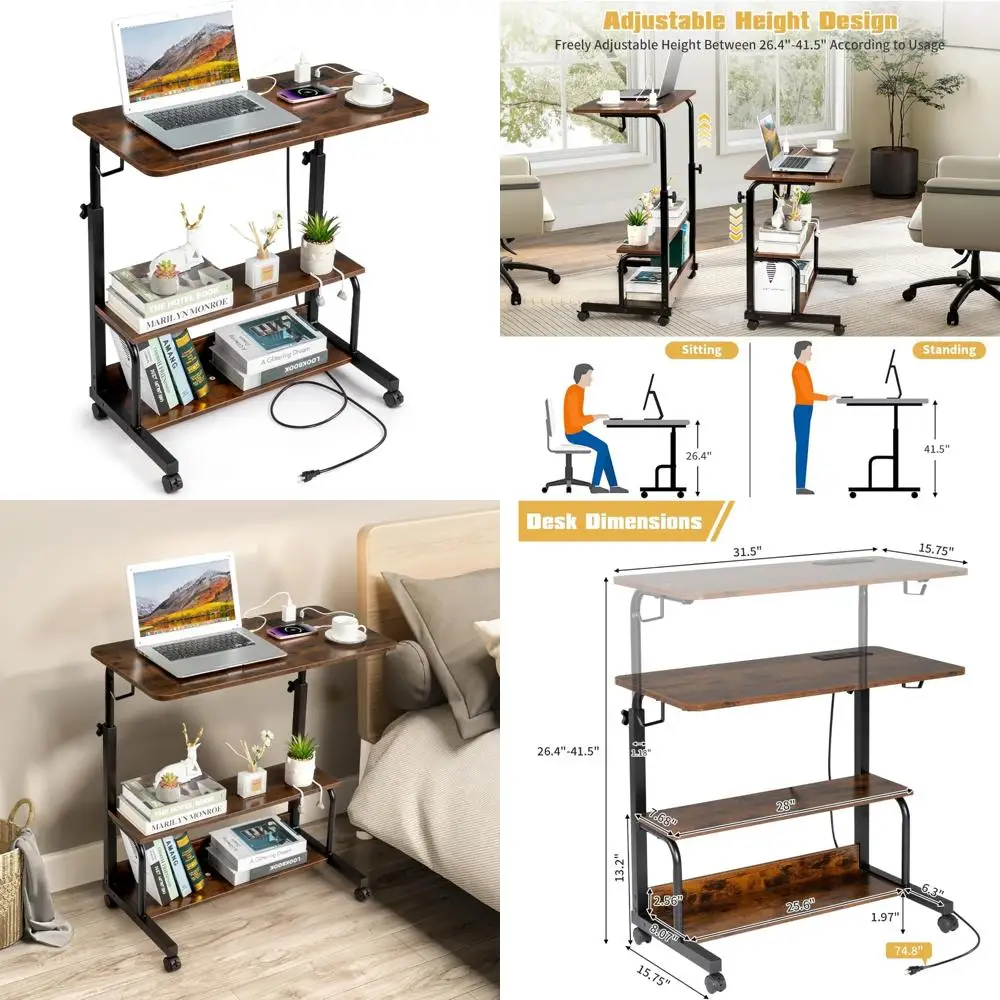 مكتب دوار محمول من كارل هوم 31.5 مع ميزة قابلة للتعديل للارتفاع للاستخدام الدائم، مكتب على عجلات مع منفذين تيار متردد و3 USB #1