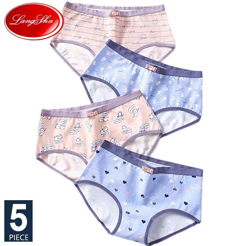 LANGSHA Cotton Panties 5Pcs/Set Women Briefs Underwear Sexy Printing Cute Bow Panty Breathable Ladies Underpants Female Lingerie