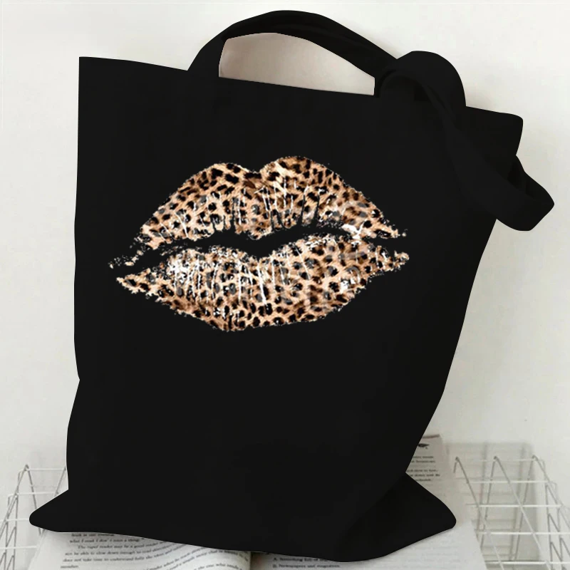 Designer Tote Bags Leopard Print Lips Pattern Versatile Storage Bags Flower Leopard Print Lips Gifts Canvas Shopping Bag Women