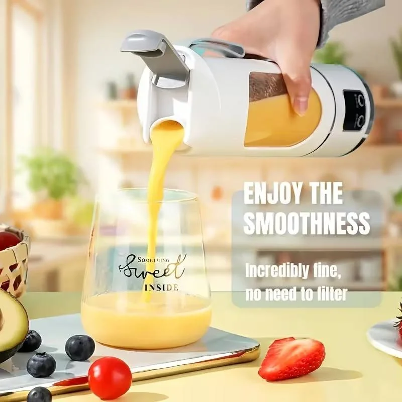 Miniature kitchen fruit juicer for home use. Stainless steel blades. Automatic operation. Environmentally friendly. Rechargeable