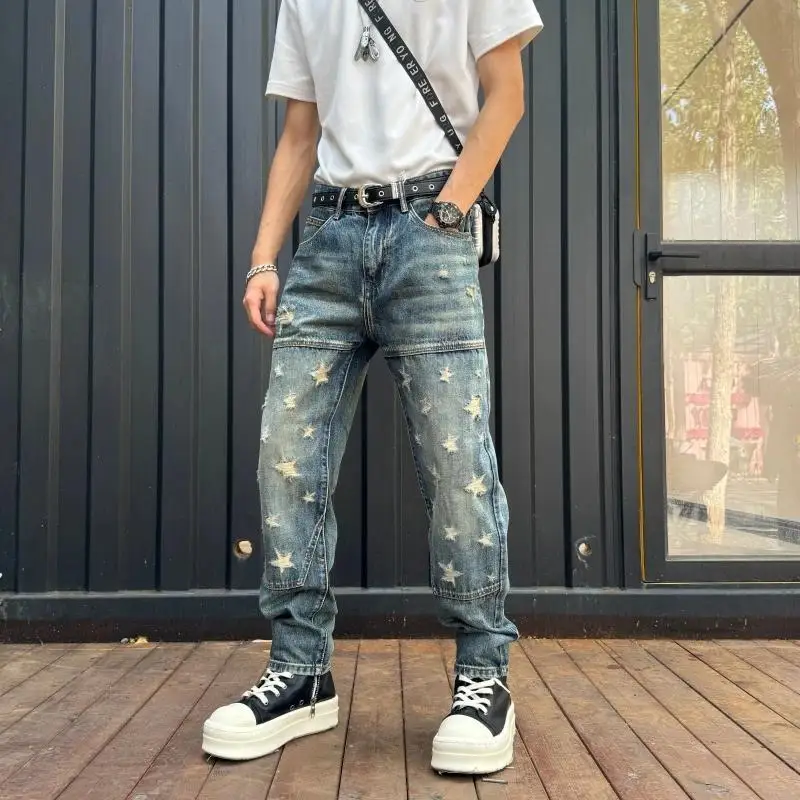 

Ripped Trousers 2026 Couple Washed Jeans Star Korean Loose Autumn Korean Work Pants Men Luxury Clothing Men's Washed Jeans