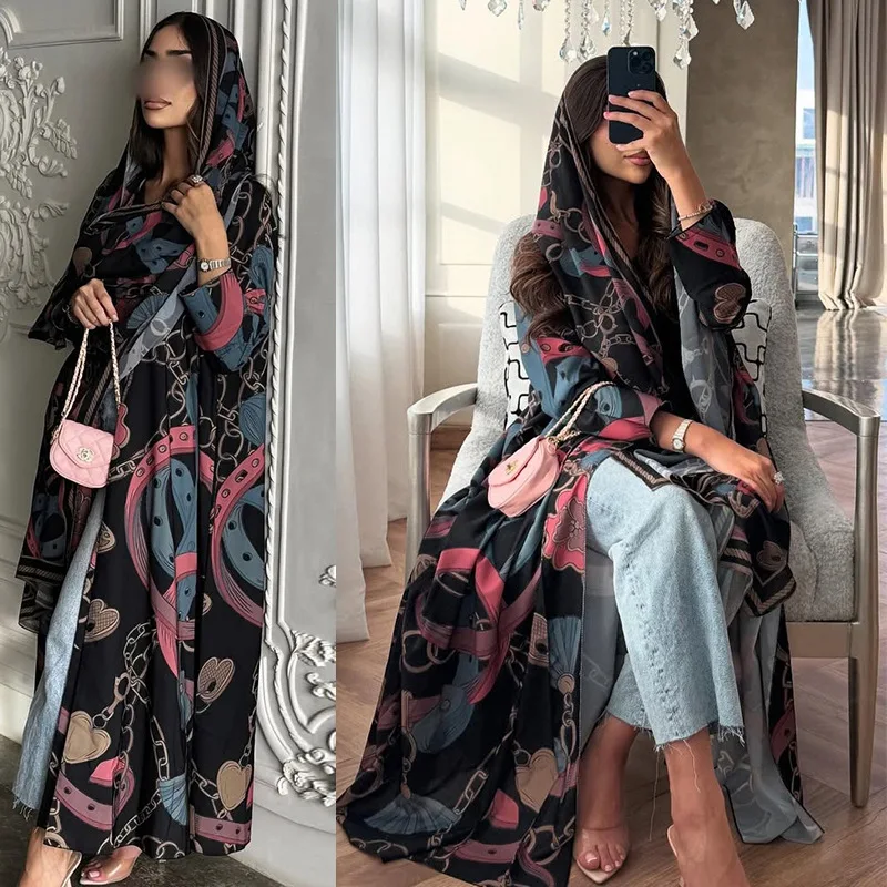 

New Abaya Eid Ramadan 2025 Islamic Clothing Nida Cardigan Front Open Abaya Women's Dresses Summer Flower Design Modest Dress