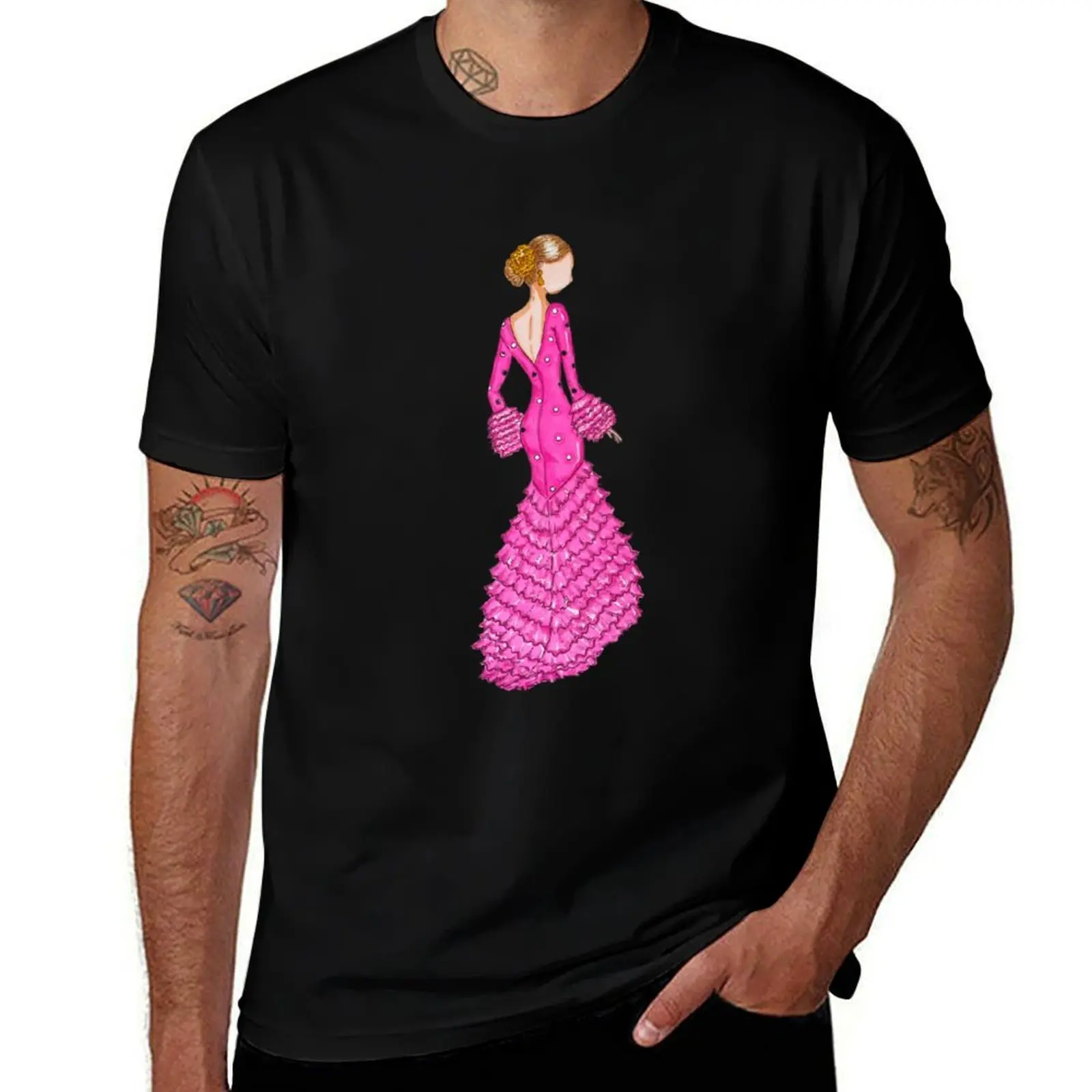 Vestido flamenco rosa, bailarina de flamenco, diseño español. Camiseta de talla grande de manga corta