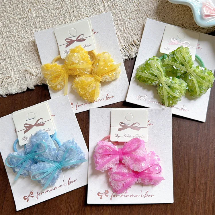 Pair of Korean Glitter Bow Ponytail Holders for Kids Elastic Hair Bands Sparkly Cute Hair Ropes for Daily Braids