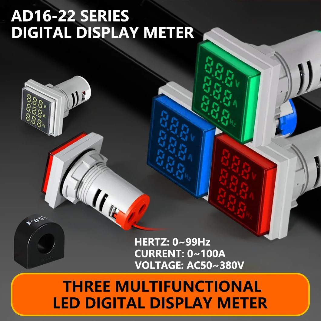 

ABILKEEN AD16-22 22MM Industrial Signal Indicator Light AC50~380V Voltage+Current+Hertz Multi Functional Digital Display Meter