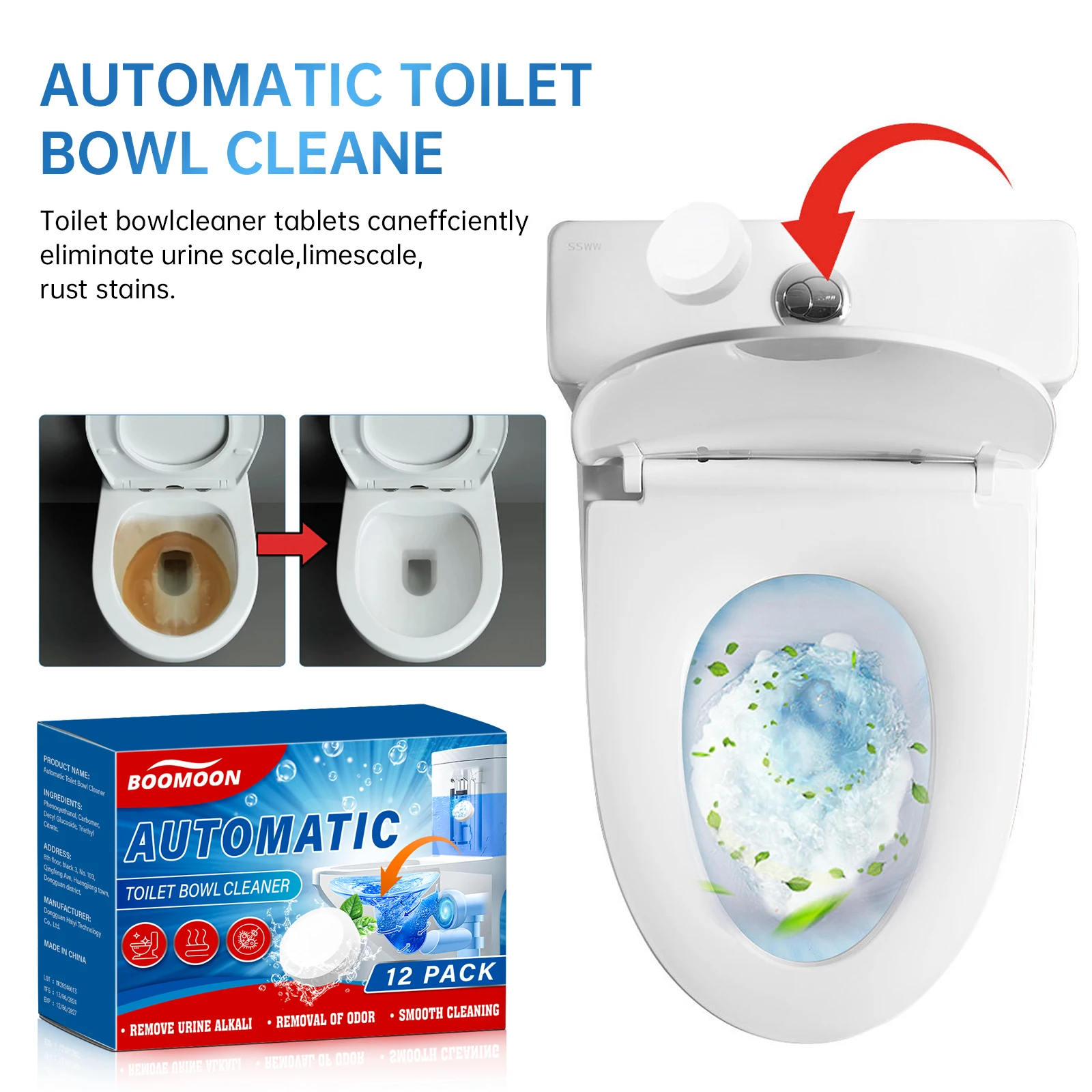 Automatic Toilet Cleaning Tablets 12 Packs - Pulse-Action Deep Cleaning, Instantly Removes Limescale & Urine Odors.