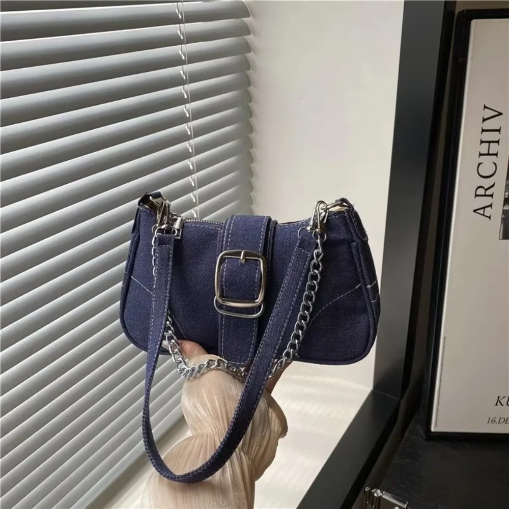 Chain Strap Denim Shoulder Bags Thread Design Square Shape Chain Underarm Bags Y2k Portable Size Women's Shoulder Bags For Women