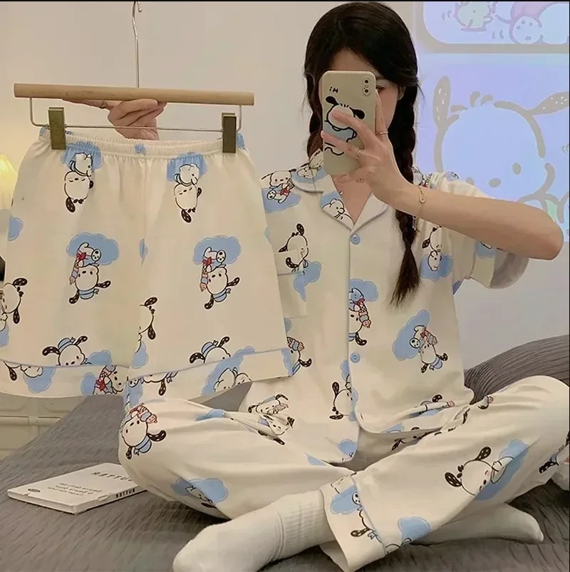 Sanrios Hello Kitty Short Section Ladies Pyjamas Set Pyjamas Women Summer Kawaii Cartoon Loose Pajamas Pajama Trousers Set