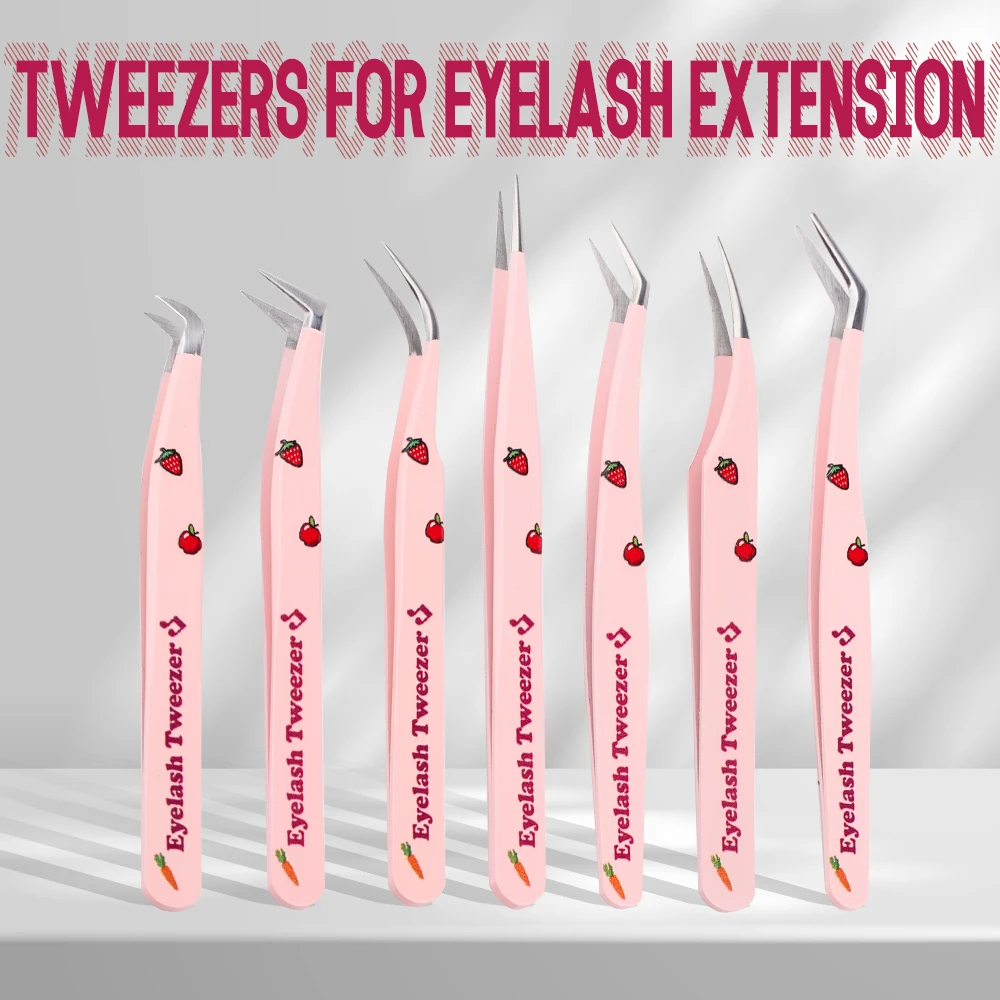 Eyelash Tweezers Pink Strawberry Stainless Steel Superhard Tweezers For Lash Extension High Precision Anti-Static Makeup Tweezer