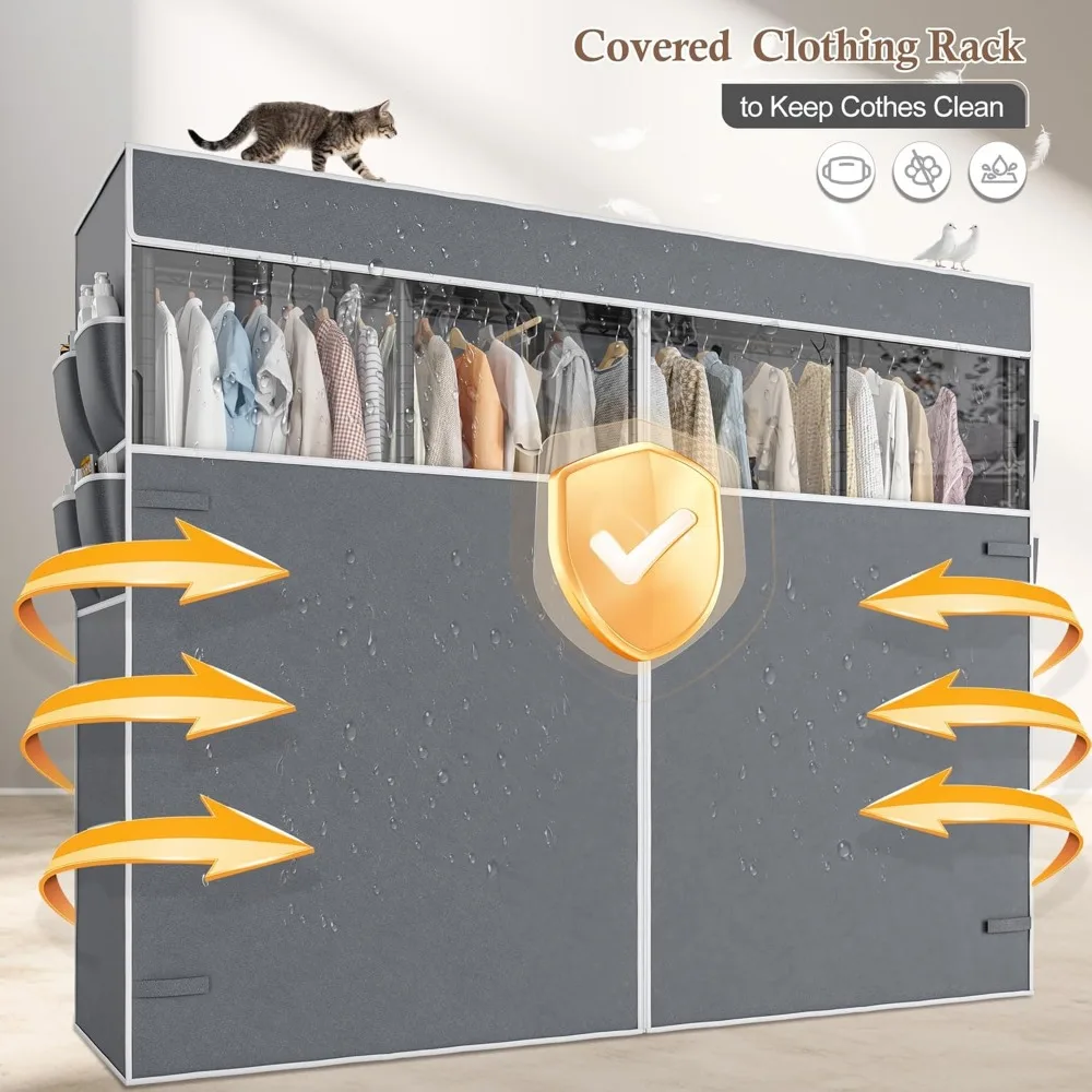 رف ملابس معدني شديد التحمل مع غطاء وأرفف - يحمل 1100 رطلاً، وخزانة محمولة لتعليق الملابس، ونعل تخزين متين
