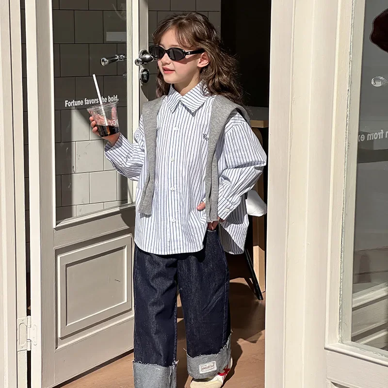 

Striped Shirt Spring New Korean Fashionable Loose Casual All-match Striped Shirt Kids Clothes Girls Trend