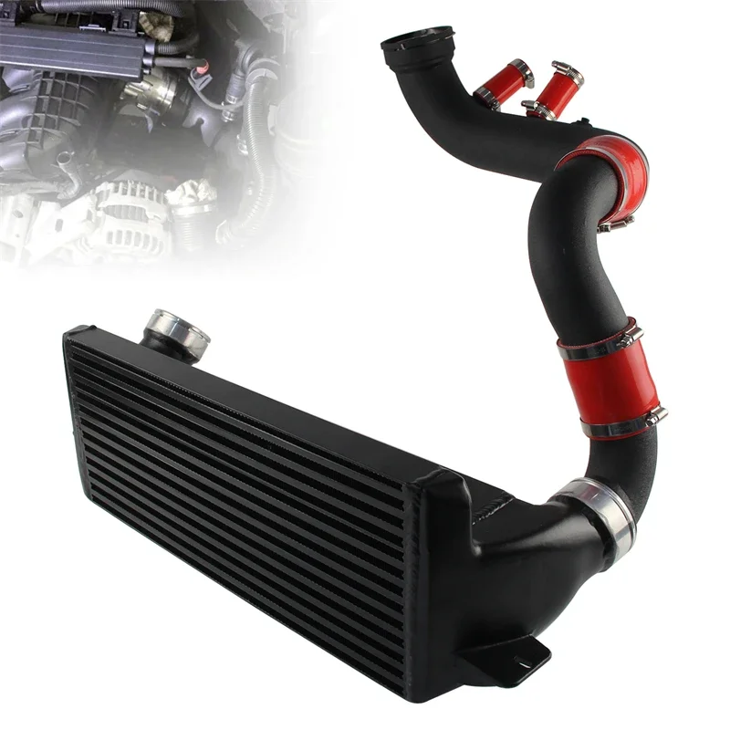 Super Charge Pipe+Boost Pipe Hose Kit + Bar & Plate Intercooler For BMW N54 E8X E9X 1-series 135i 335i 06-13 Black/Red Aluminum