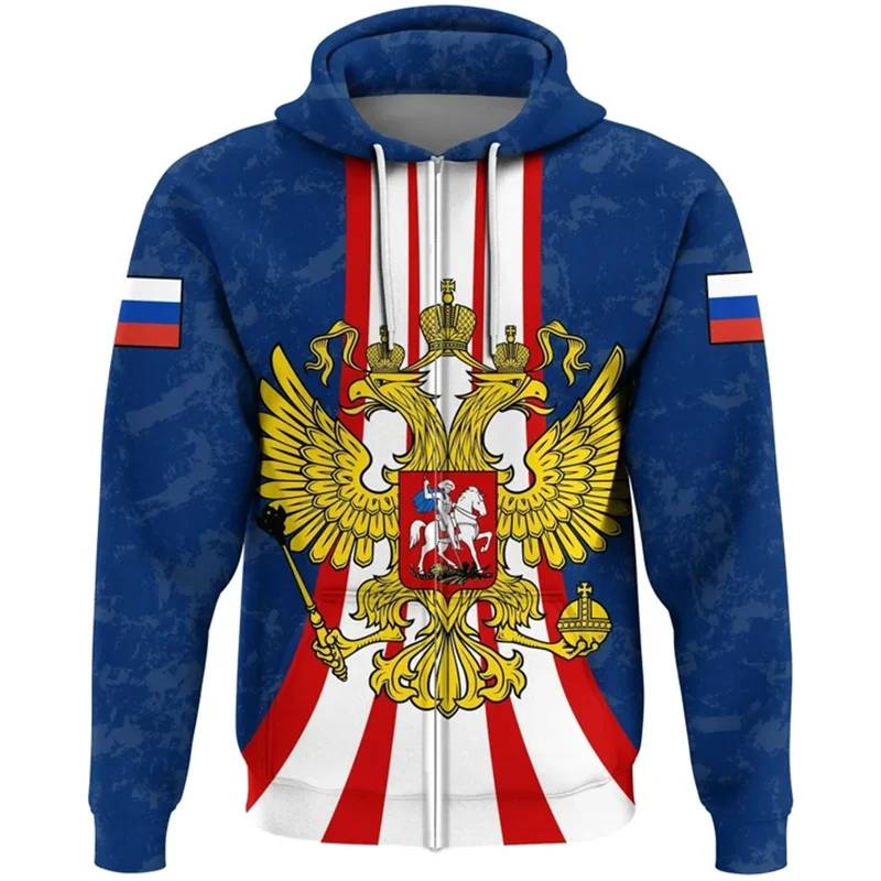 Russia Flag Map 3D Print Zip Up Hoodies For Men Clothes Russian National Emblem Eagle Hoody Casual Pullovers Y2K Tracksuit Tops