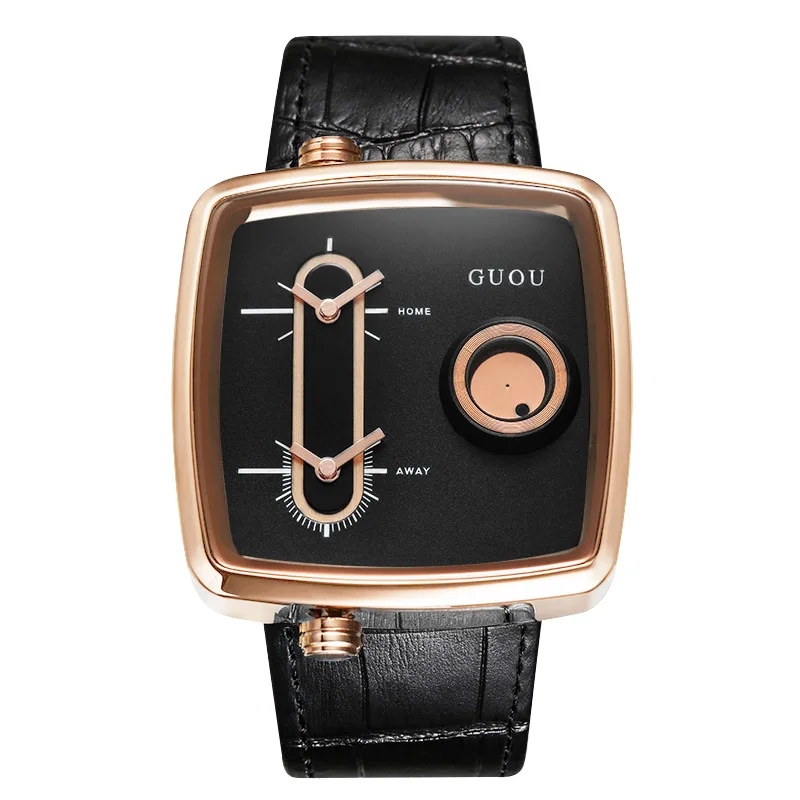 

Fashion Guou Top Brand Unisex Watch Lady Clocks Waterproof Dual Time Zone Genuine Leather Square Quartz Gift Sports WristWatches