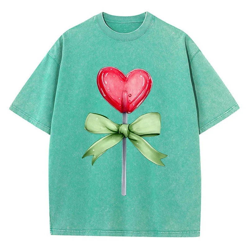 Love Candy Bows Printing Washed T Shirts Cotton T-Shirts Distressed O-Neck Comfortable Tops Summer Casual Man Clothes