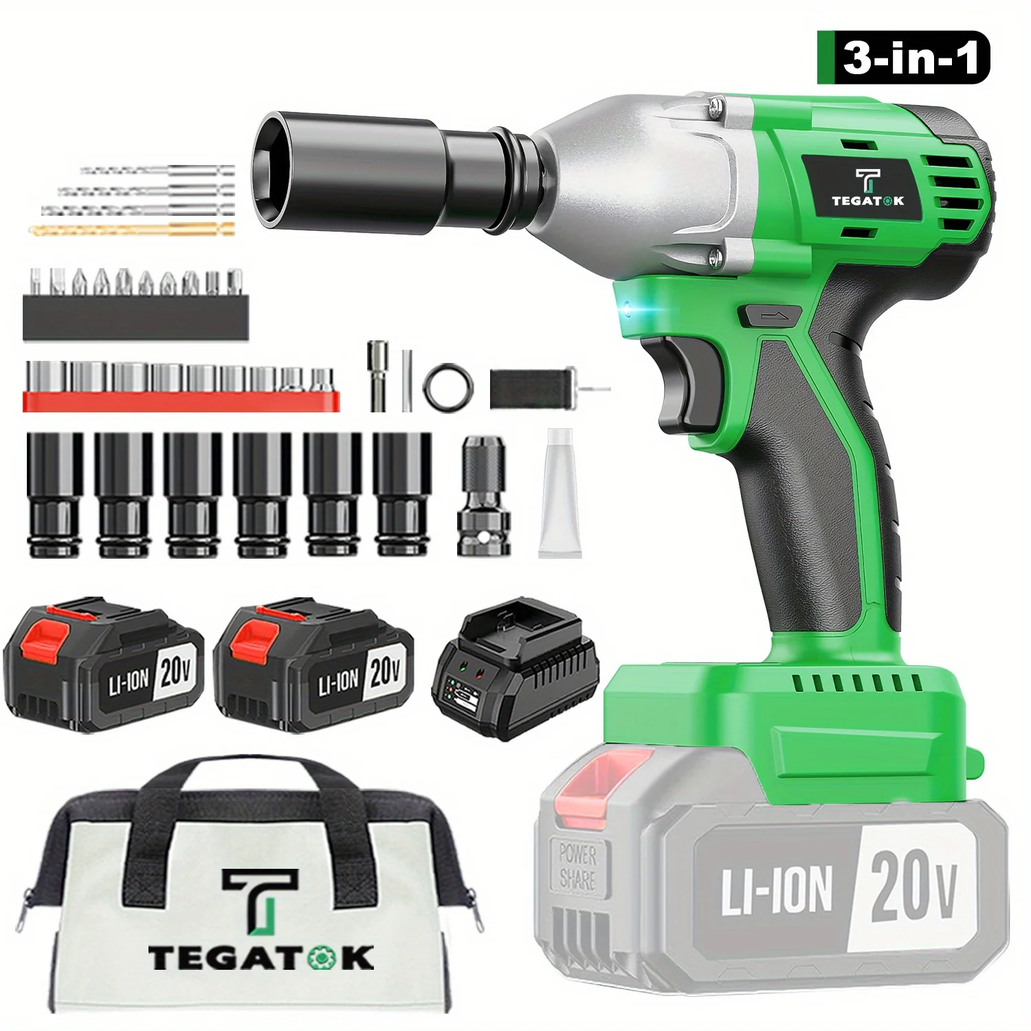 Tegatok 20V Cordless Impact Wrench, Brushless Impact Gun with Battery and Charger, 6 Sockets and Tool Pouch, 2.0AH battery