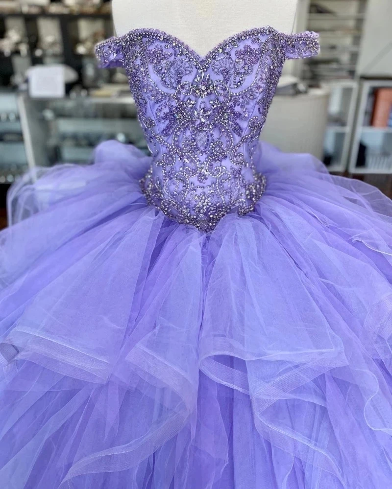 ANGELSBRIDEP Glittering Lavender Quinceanera Dresses Off Shoulder Beading Lace Ruffles Vestido De 15 Anos Formal Birthday Party