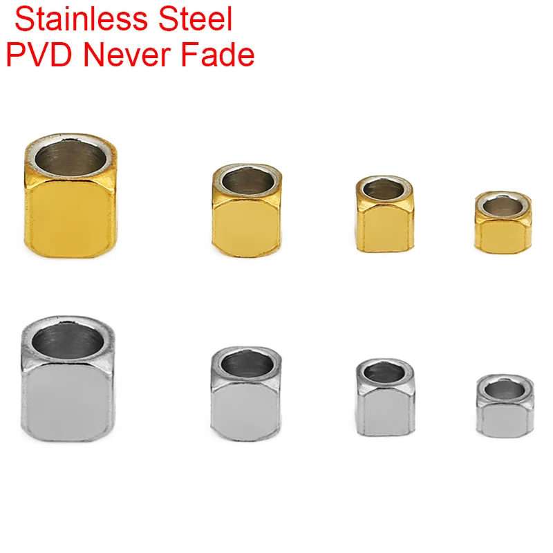50pcs 2 3 4 mm Stainless Steel Spacer Necklace Beads Square Never Fade PVD Large Hole Bracelet Beads For DIY Jewelry Findings