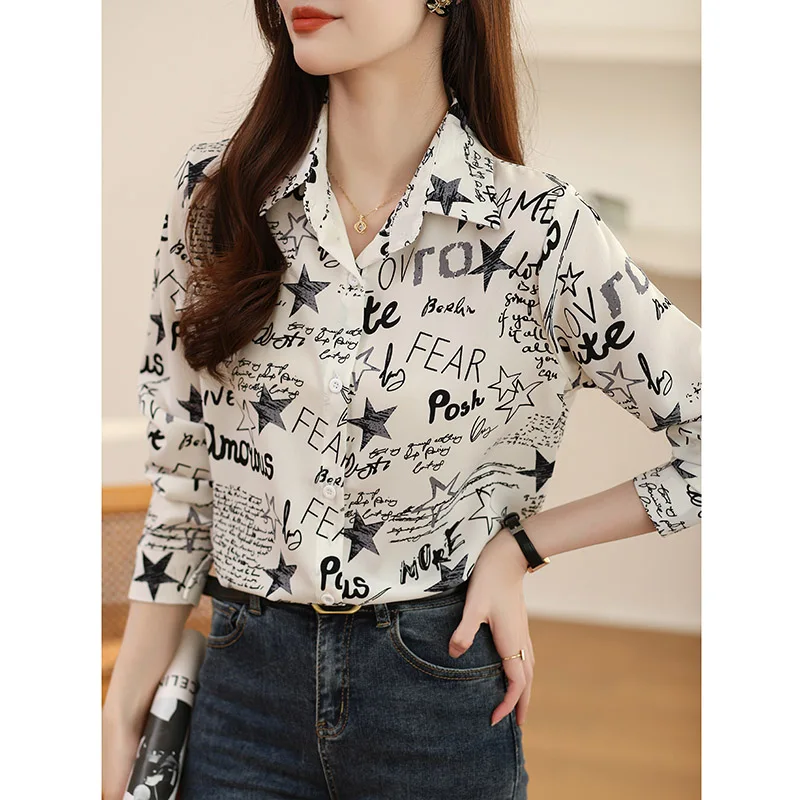 Autumn New Vintage Ink Graffiti Print Chiffon Shirt Women Clothing Casual Loose Turn-down Collar Long Sleeve Blouses Elegant Top