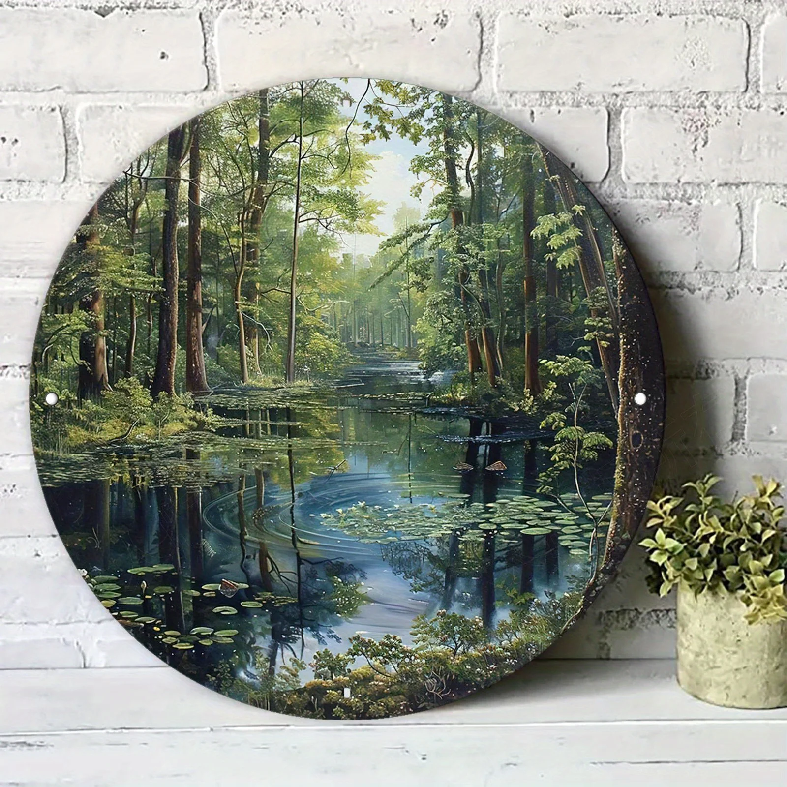 2D Flat, 2D Flat Round Metal Sign Featuring Tranquil Forest Pond Scenery, Suitable for Living Room, Bedroom, Cafe, Bar, Garage,