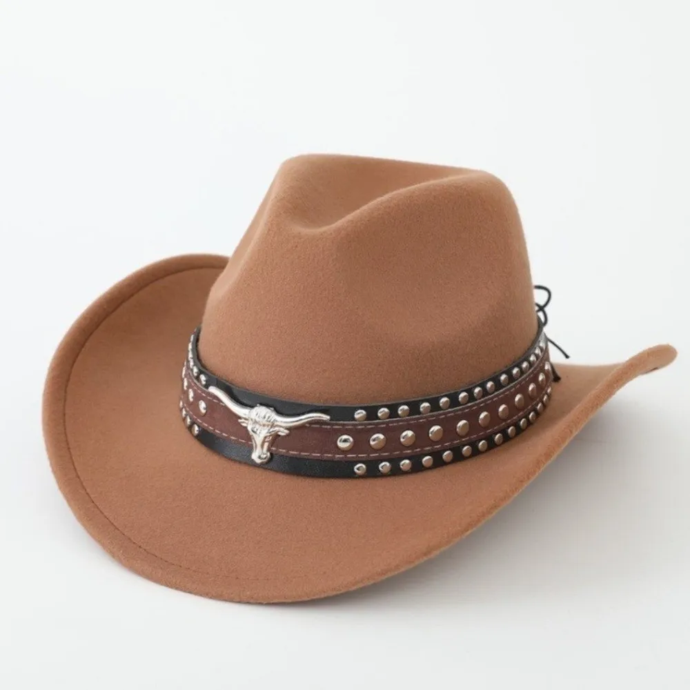 New Felt Western Cowboy Hat Ox Head Decorative Ethnic Style Studded Leather Cap with Belt Wide Brim Tibetan Style Top Hat Party