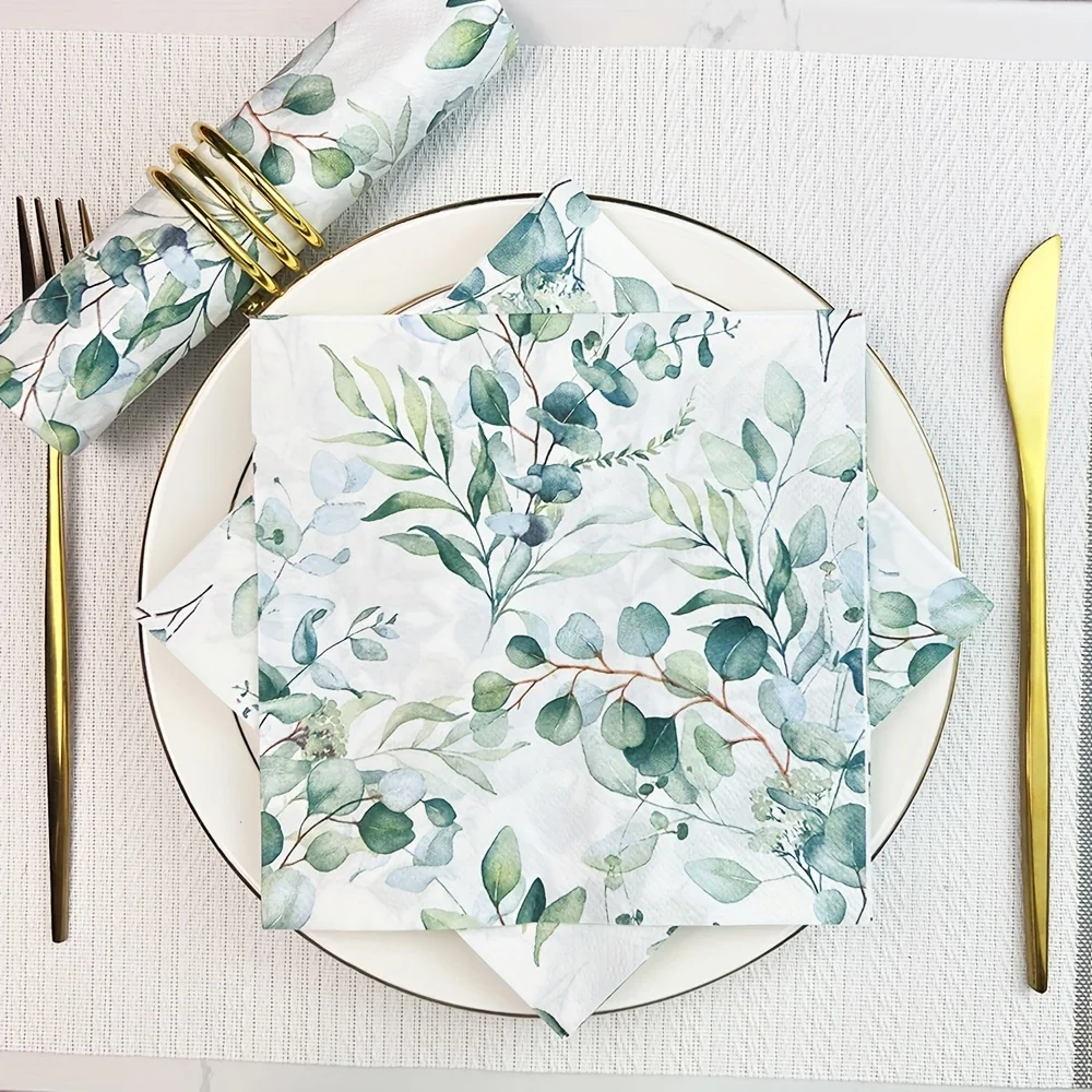 20/40/60 Stück Einweg-Taschentücher-Set mit Eukalyptusblatt-Druck, Servietten für Restaurant-Dekoration, Party-Taschentücher, 13 x 13 Zoll – Detail 2