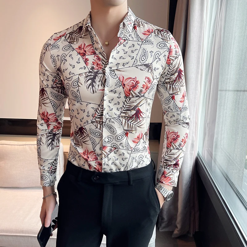 2022 New High Quality Men Hawaiian Style Casual Multi-color Print Travel Shopping Retro Ethnic Style Long Sleeve Slim Shirt