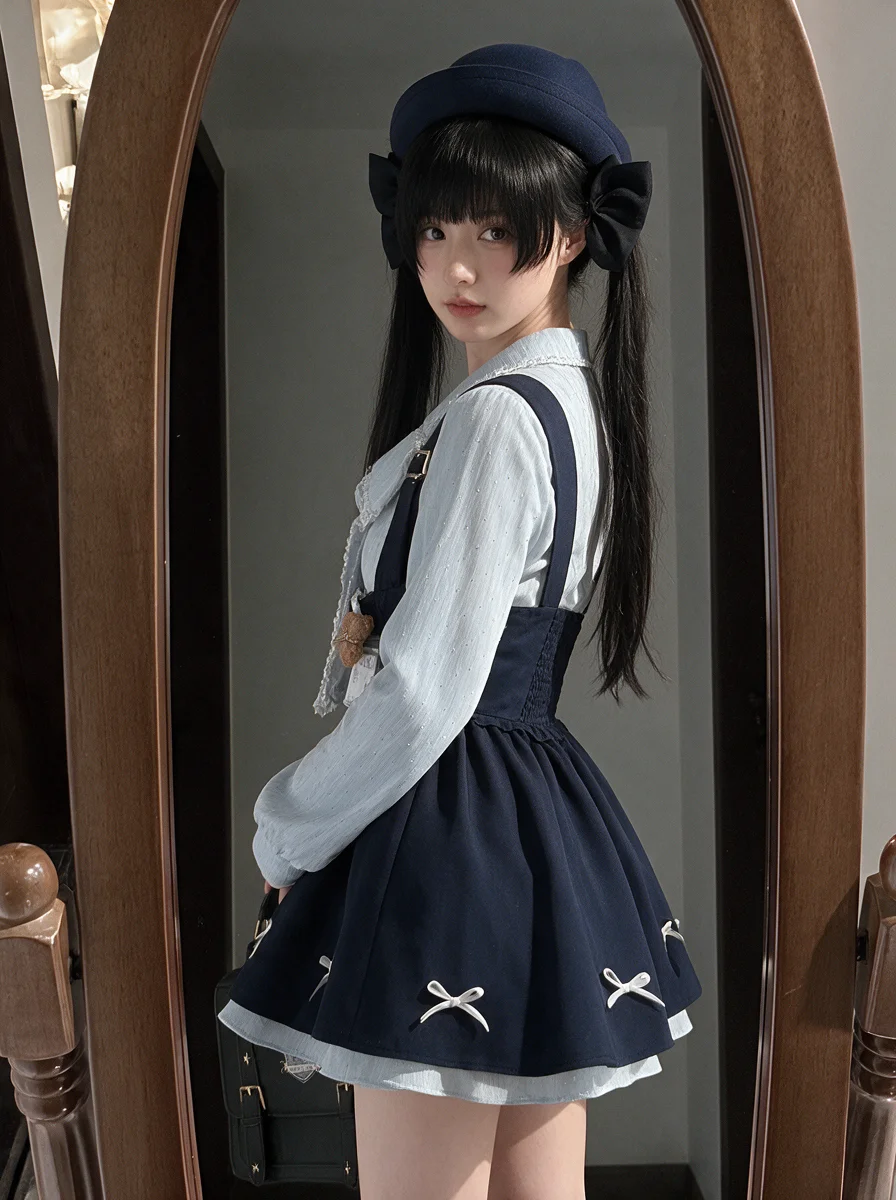 Sweet Style Blue Shirt And Overalls Women's Fashion Set Lightweight Autumn Winter Japanese Culture Small Size Two-Piece Suit