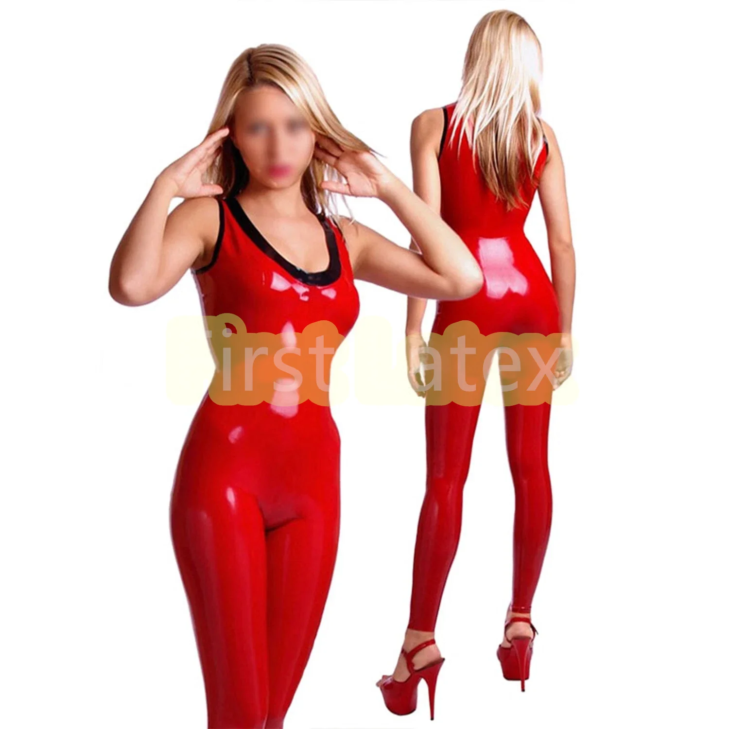 

Handmade Red Sexy Latex Women Catsuits No Zipper V-neck Rubber Sleeveless Bodysuits with Black Trim Latex Club Wear