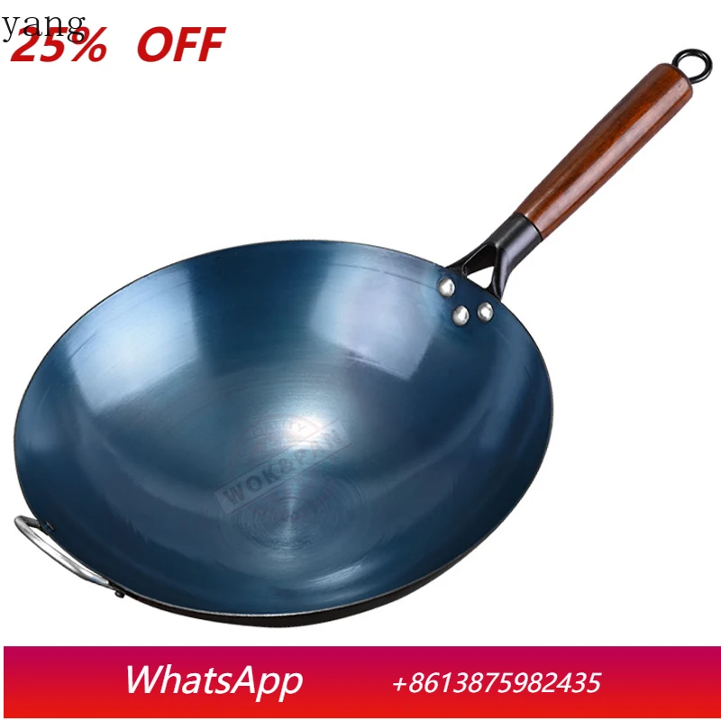 

Traditional Chinese Seasoning Iron Wok with Ear,Wooden Handle Uncoated Cooking Wok,Round Bottom Kitchen Cookware for Gas Stoves