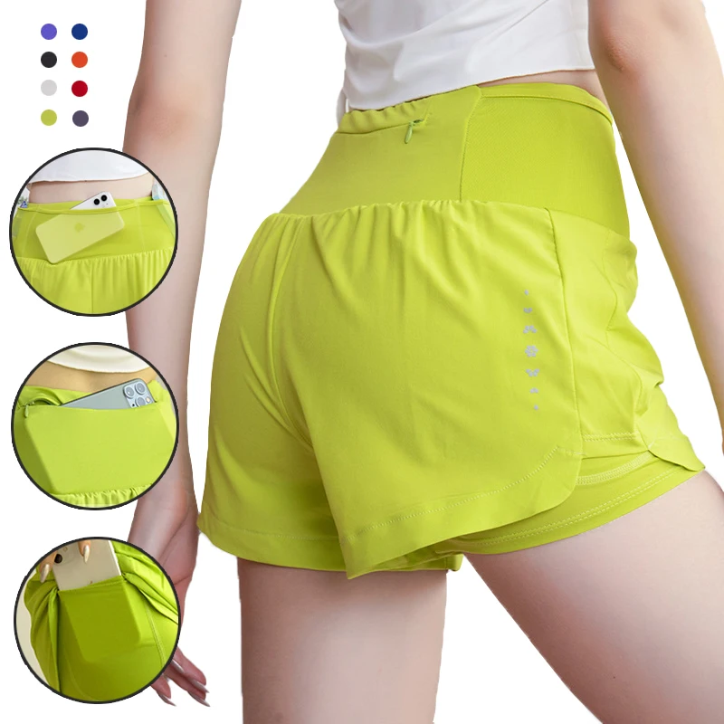 

(Asian S-XL) Wrap Around Multi-Pockets Women Running Shorts with Back Zipper Pocket Ladies Gym Fitness Yoga Training Short Pants