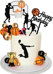 25 PCS Basketball Cake Toppers Black Gold Balls Cake Decorations Basketball Theme Cake Decoration for Boy Sport Party Supplies